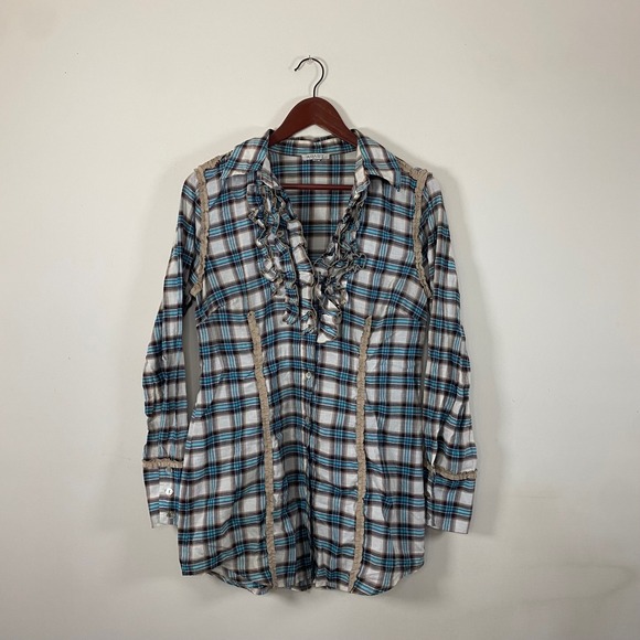APART Plaid Tunic Top Long Sleeve Ruffle Trim Button Down Shirt women's 10 - Picture 1 of 7